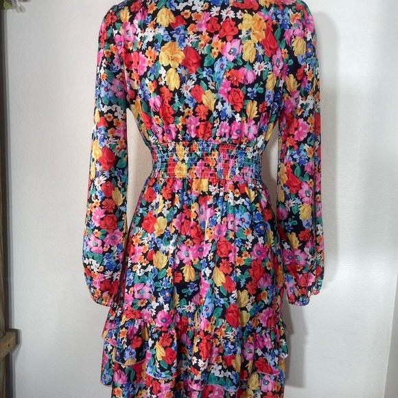 Floral V Neck Long Puff Sleeve Boho Peasant Ruffle Mini Dress Size Small Hippie - Picture 9 of 9